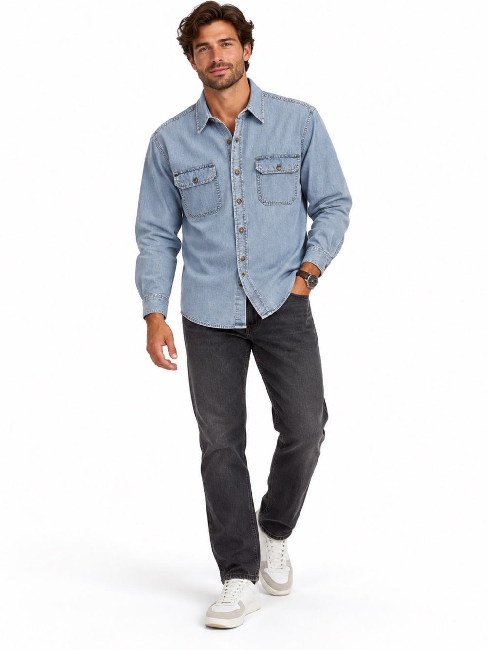 Wrangler SZ M Light Blue Denim Button-Down Shirt  w/2 front pockets/Chest 44”